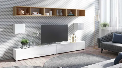 CALABRINI XXXIV wall cabinet, glossy white / golden oak color – an exceptionally stylish wall cabinet, with simple shapes, suitable for any interior