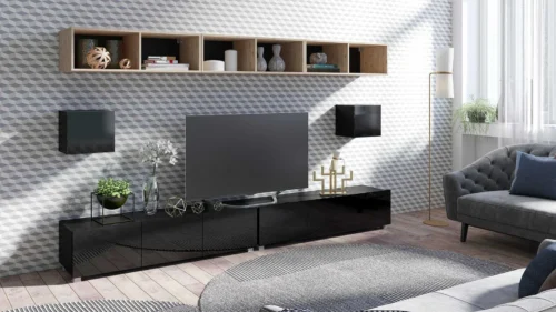 CALABRINI XXXIV wall cabinet, glossy black / artificial oak, an exceptionally stylish wall cabinet, with simple shapes that fit into any interior