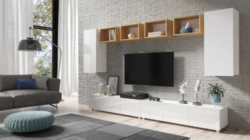 CALABRINI XXXV wall cabinet, glossy white / golden oak – an exceptionally stylish wall cabinet, with simple shapes, suitable for any interior