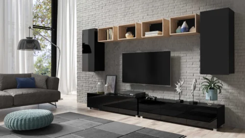 CALABRINI XXXV wall cabinet, glossy black / artificial oak, exceptionally stylish wall cabinet, simple shapes, suitable for any interior