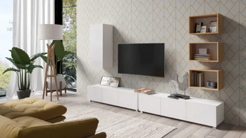 CALABRINI XXXVI” wall cabinet, glossy white / golden oak – an exceptionally stylish wall cabinet, with simple shapes, suitable for any interior