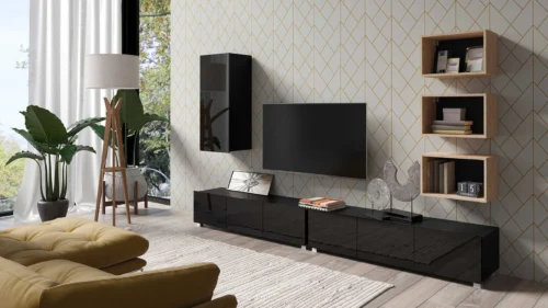 CALABRINI XXXVI” wall cabinet, glossy black / artificial oak, exceptionally stylish wall cabinet, simple shapes, suitable for any interior