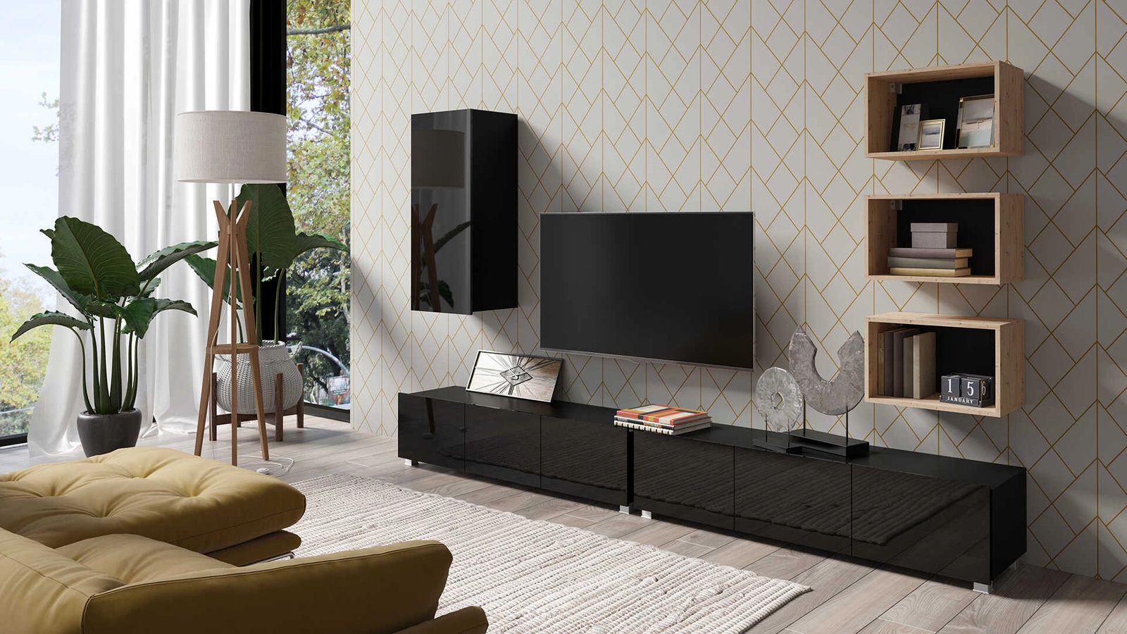 CALABRINI XXXVI" wall cabinet, glossy black / artificial oak, exceptionally stylish wall cabinet, simple shapes, suitable for any interior