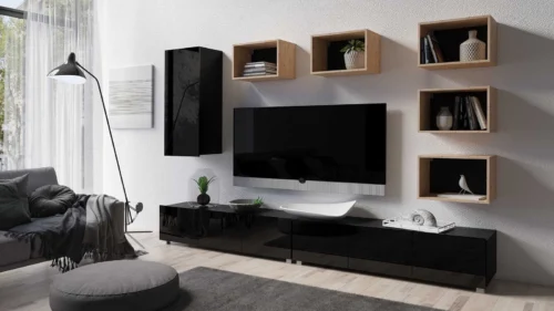 CALABRINI XXXVII wall cabinet, glossy black / artificial oak, exceptionally stylish wall cabinet, simple shapes, suitable for any interior