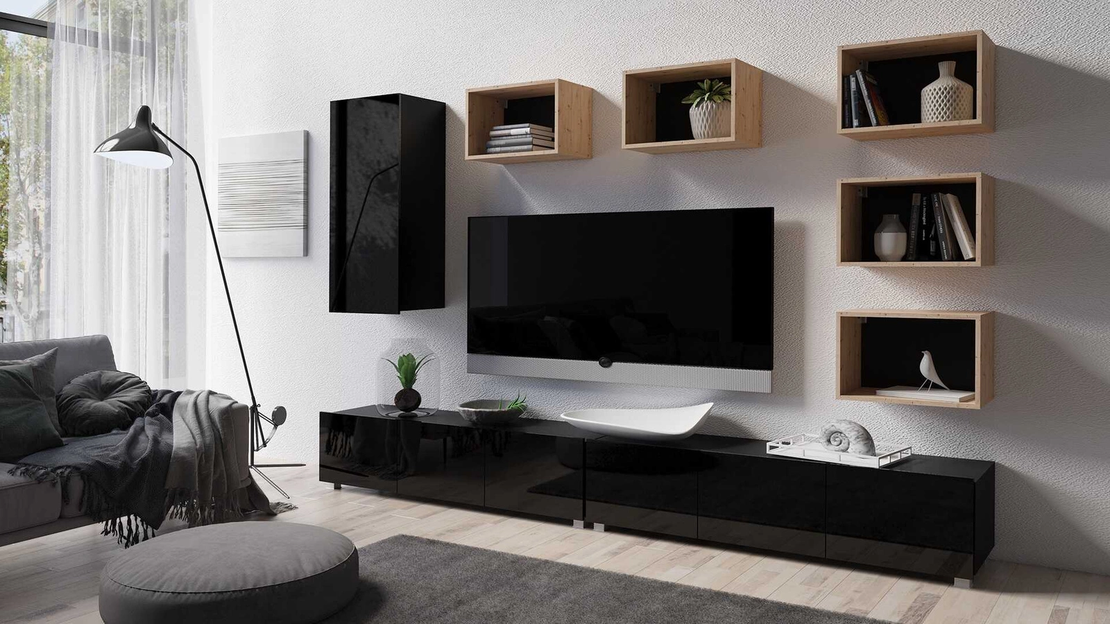 CALABRINI XXXVII wall cabinet, glossy black / artificial oak, exceptionally stylish wall cabinet, simple shapes, suitable for any interior