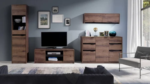 Denver wall cabinet, monastery oak / black glossy surface, simple wall cabinet in a modern version, durable metal handles