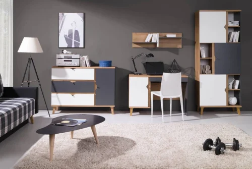 Memone wall cabinet, golden oak / white / graphite color, modern design, stylish Scandinavian style furniture set for children’s room