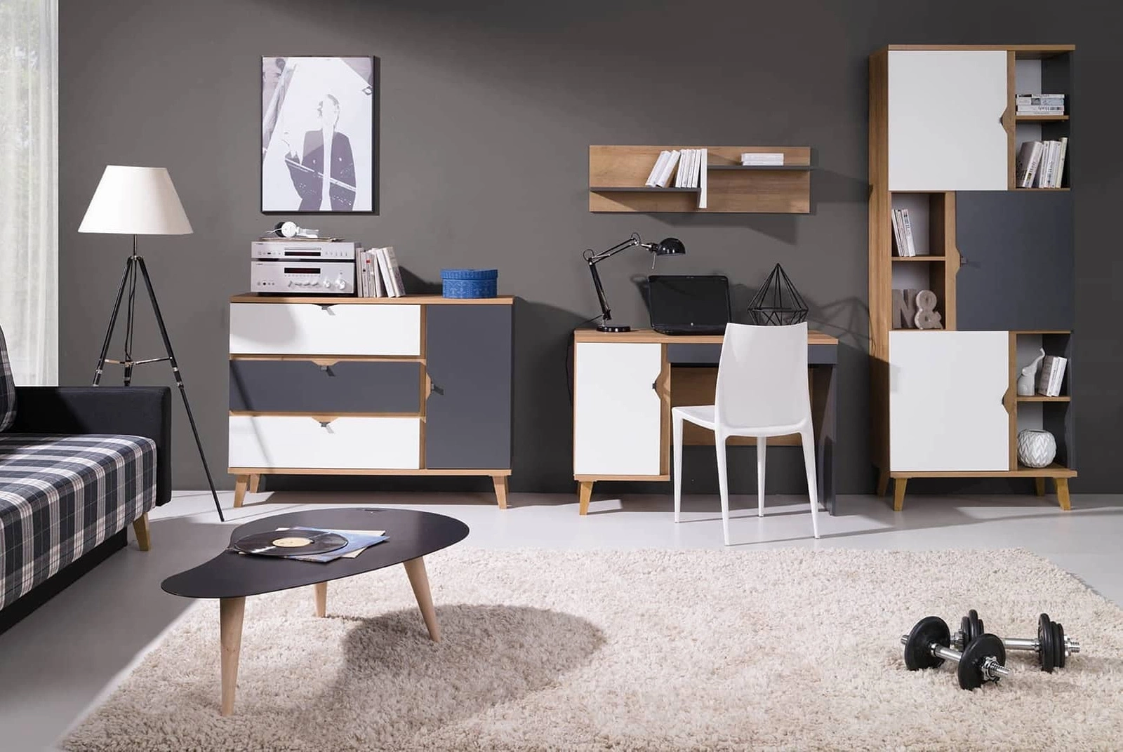 Memone wall cabinet, golden oak / white / graphite color, modern design, stylish Scandinavian style furniture set for children's room