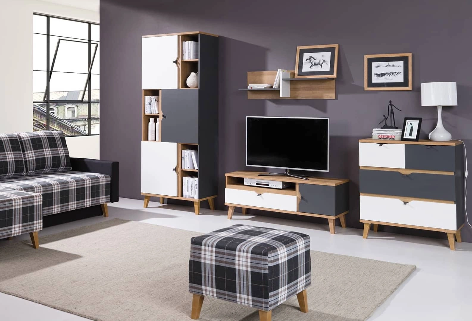 Memone wall cabinet, golden oak / white / graphite color, modern design, stylish Scandinavian style furniture set for a youth room