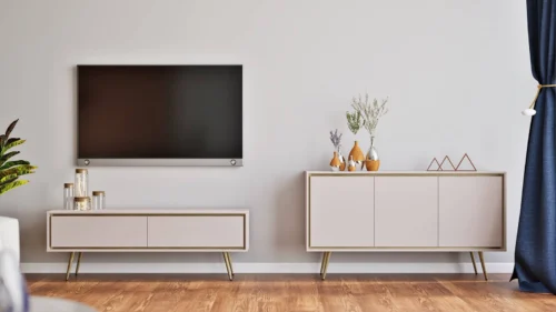 Nevea beige wall cabinet – elegant living room furniture in subtle colors, handle-free shapes, enriched with designer touches