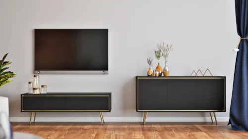 Nevea wall cabinet in black graphite color, elegant living room furniture with expressive colors and handle-free shapes, enriched with designer’s drawing