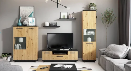 Simi GB wall cabinet, artisan oak / black, classic furniture shape, made of high-quality laminated board, ideal for the living room