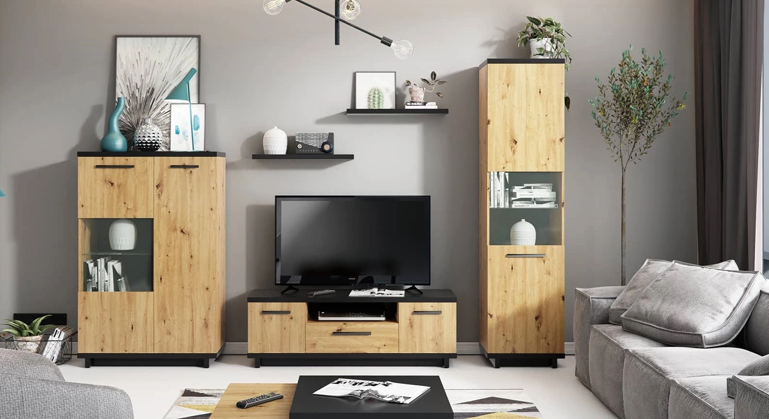 Simi GB wall cabinet, artisan oak / black, classic furniture shape, made of high-quality laminated board, ideal for the living room