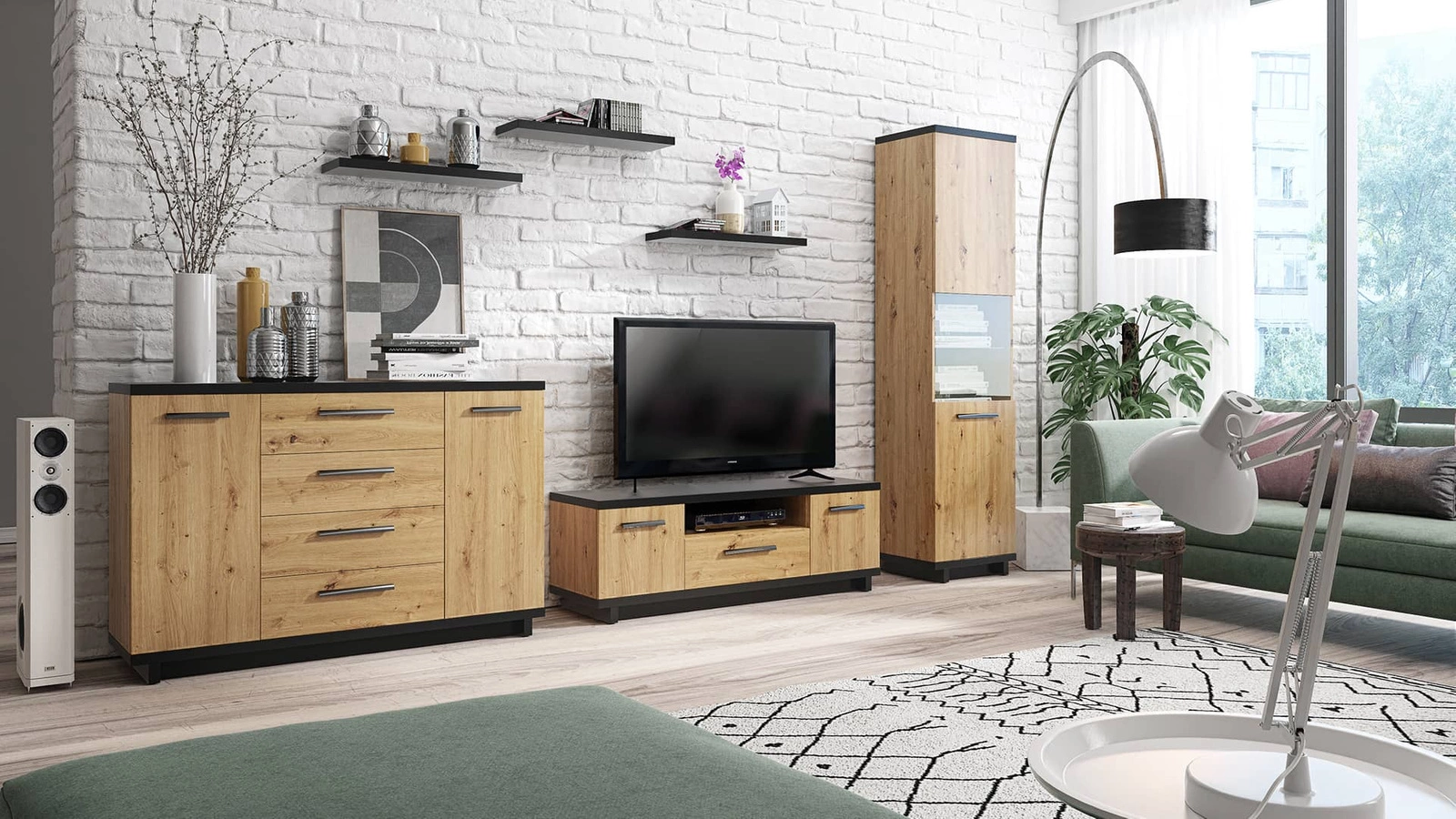 Simi GB wall cabinet, artisan oak / black, classic furniture shape, made of high-quality laminated board, ideal for the living room