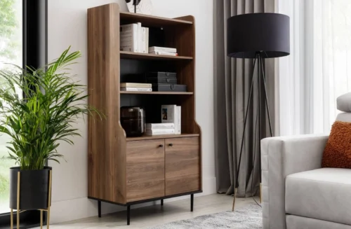 Apallo bookshelf, 80 cm, brandy oak color, Castello style, characteristic design, body on a metal base, rounded lines