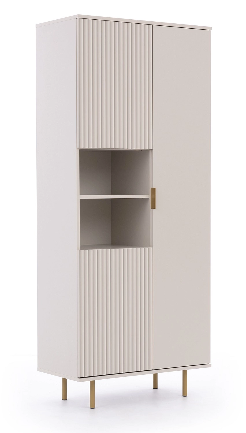 Sula 80 cm beige bookshelf, elegant design, stable high legs, bookshelf with doors for the living room, grooved front with click-opening system