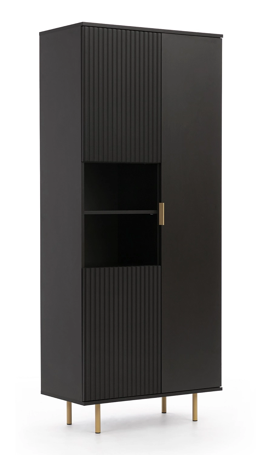 Sula bookcase, 80 cm, black, elegant design, stable, high leg, with doors for the living room, grooves on the front and push-opening system