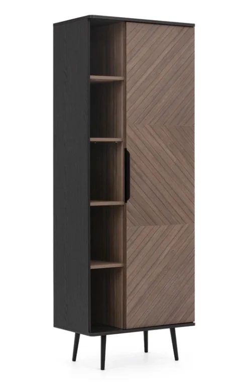 Tullio bookshelf, 70 cm, graphite black/captain’s deck, elegant design bookshelf with doors, round tabletop, metal base