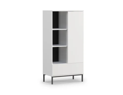 Tutti 70 cm white shelf, minimalist design, simple furniture shape, supported by a metal base, spacious drawer, opens with a click
