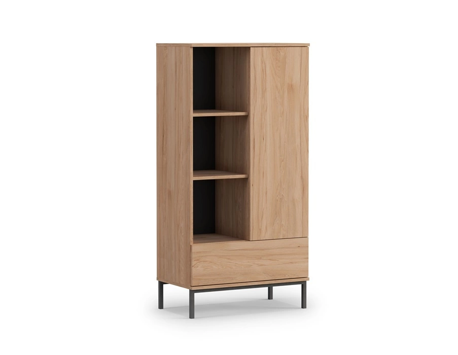 70 cm hickory oak shelf "Tutti" with minimalist design, simple furniture shape, supported by a metal base, spacious drawer, opens with pressure