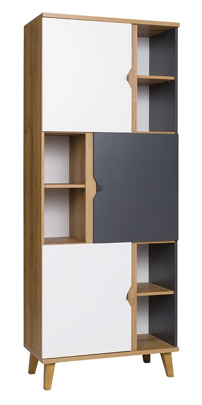 Memone bookcase with doors, 80 cm, golden oak / white / graphite, ideal for a teenager's or child's room in a Scandinavian style