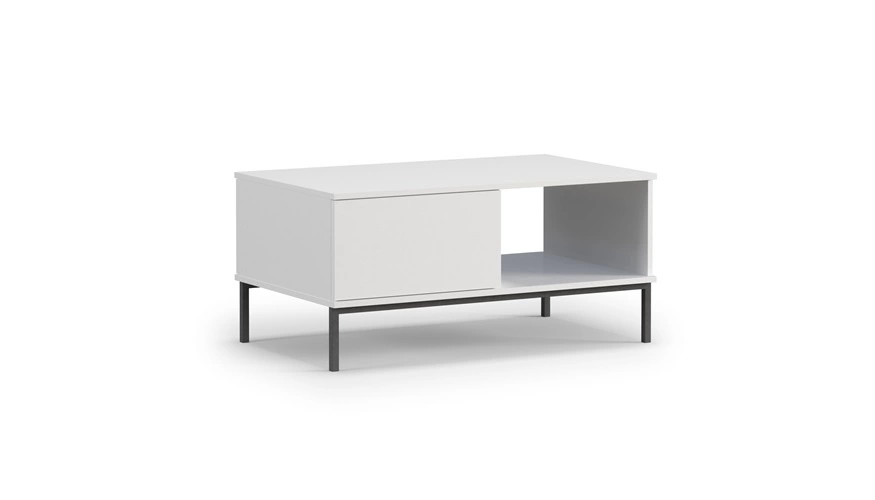 White Tutti coffee table with drawers, simple shape, supported by a metal base, spill-resistant tabletop