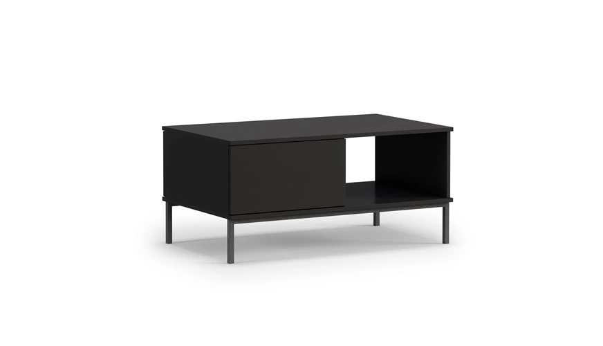 Tutti black coffee table with drawers, simple shape, supported by a metal base, spill-resistant tabletop