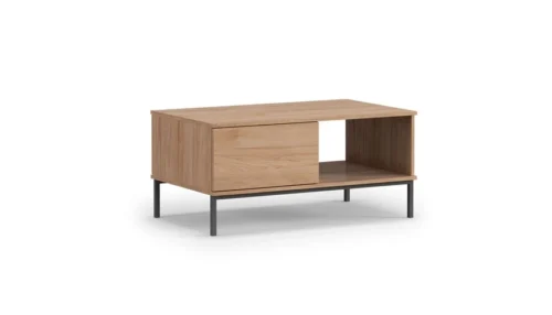 Tutti coffee table, hickory oak wood, with drawers, simple shape, with metal base, waterproof table top