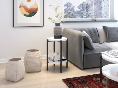 Round “Sampi” coffee table, 44 cm, glossy white, with additional shelf, lightweight design, metal base, charming decoration for any interior