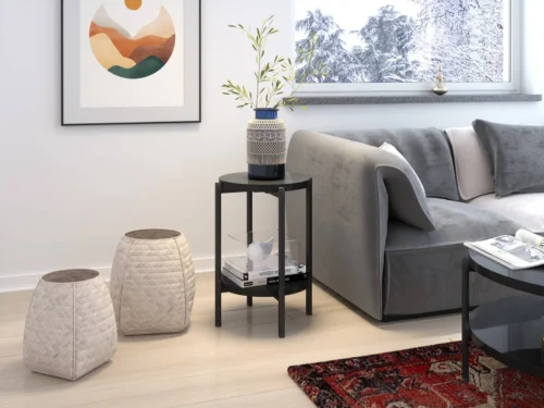 Round “Sampi” coffee table, 44 cm, glossy black, with additional shelf, lightweight design, metal base, charming decoration of any interior