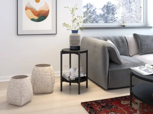 Round Sampi coffee table, 44 cm, black, with additional shelf, lightweight design, sturdy metal base – a charming decoration for any interior