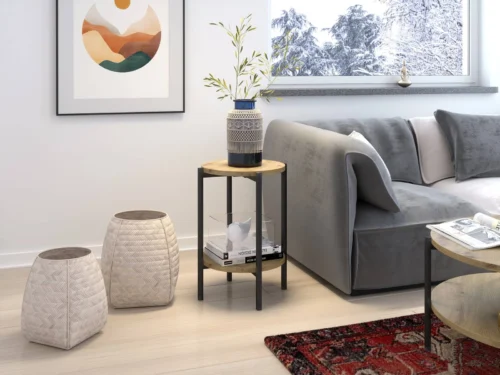 Round coffee table, 44 cm, “Sampi” in artistic oak color, with additional shelf, lightweight design, metal base – a charming decoration for any interior
