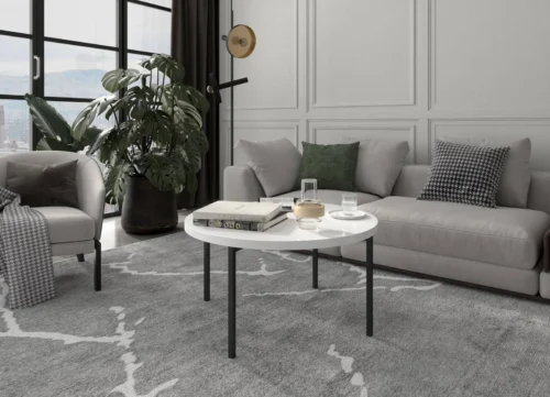 Round Sampi coffee table 80 cm, white glossy, timeless design, sturdy metal base, perfect for any composition