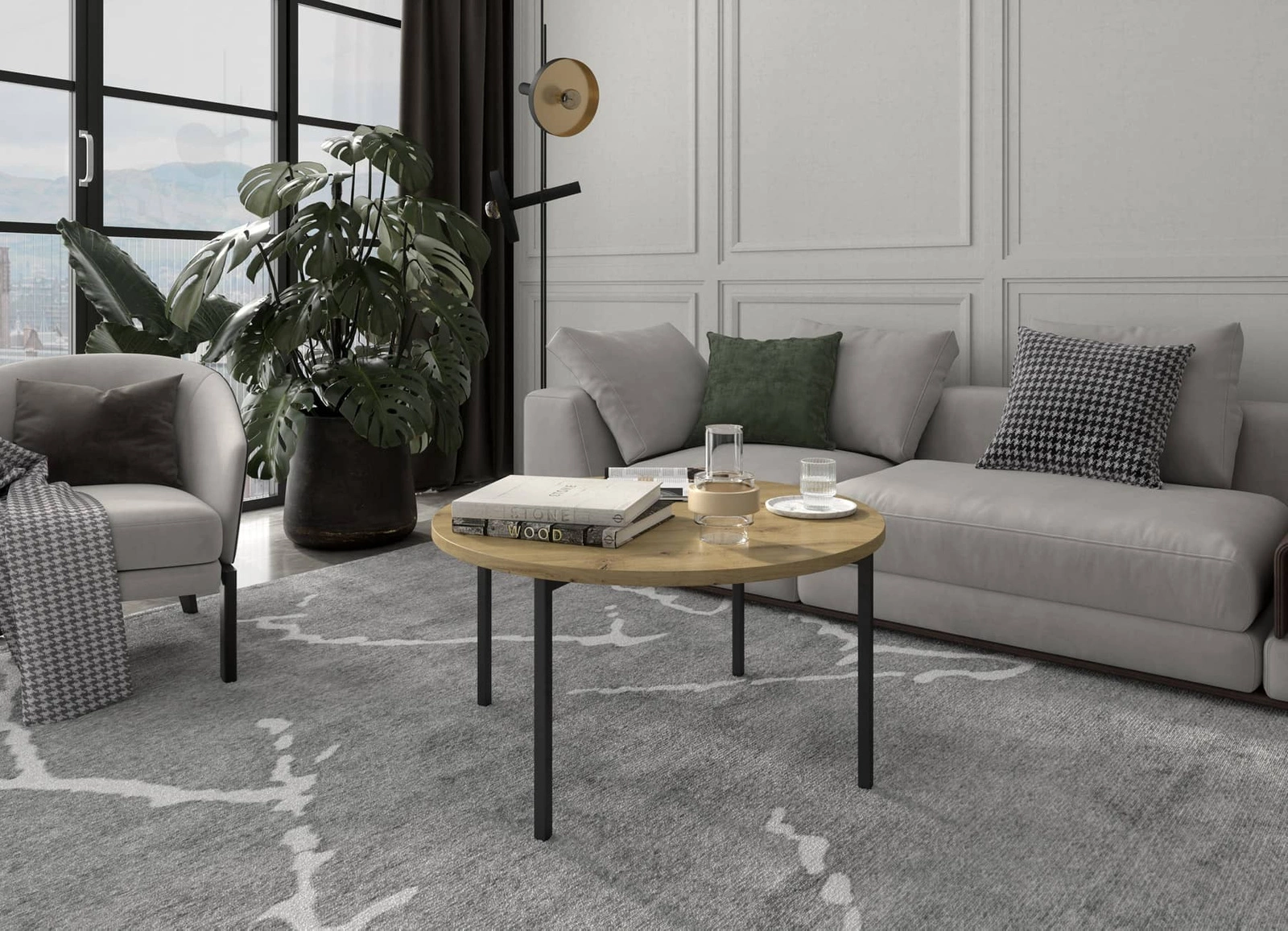 Round coffee table, 80 cm, "Sampi" in artistic oak color, timeless and lightweight design, sturdy metal base, perfect for any composition