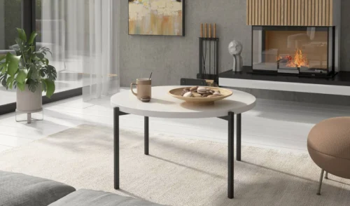 Round Sampi coffee table, 84 cm, white glossy, timeless design, sturdy metal base, perfect for any composition