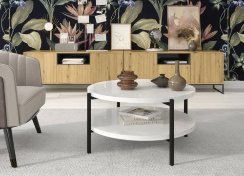 Round Sampi coffee table, 84 cm, white glossy, with additional shelf, lightweight design, metal base, perfect for any composition