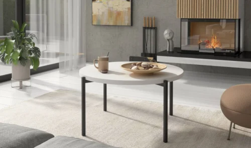 Round Sampi coffee table, 84 cm, white, timeless and lightweight design, sturdy metal base, perfect for any composition