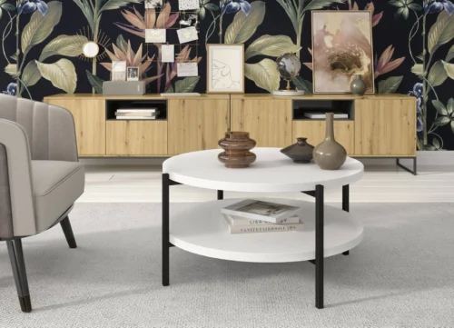 Round Sampi coffee table, 84 cm, white, with additional shelf, lightweight design, sturdy metal base, perfect for any composition