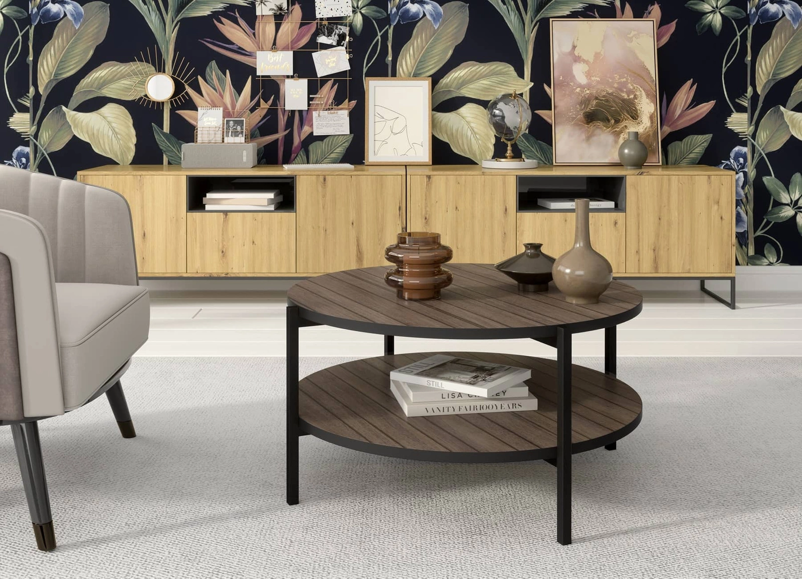 Sampi captain's deck round coffee table, 84 cm with additional shelf, lightweight design, metal base, perfect for any composition