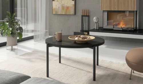 Round Sampi coffee table, 84 cm, glossy black, timeless design, sturdy metal base, perfect for any composition
