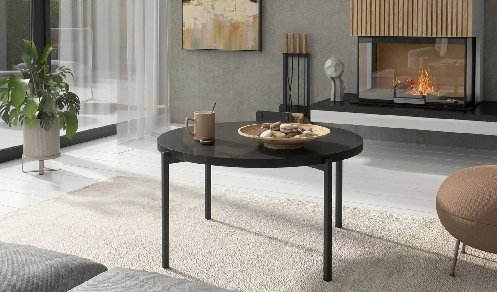 Round Sampi coffee table, 84 cm, glossy black, timeless design, sturdy metal base, perfect for any composition