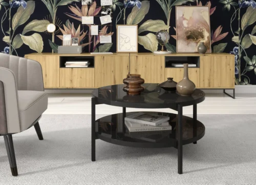 Round “Sampi” coffee table, 84 cm, glossy black, with additional shelf, lightweight design, metal base, perfect for any composition