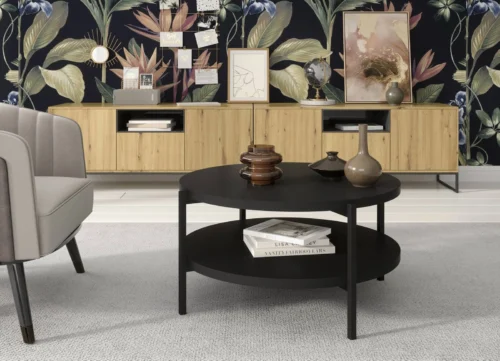 Round Sampi coffee table, 84 cm, black, with additional shelf, lightweight design, sturdy metal base, perfect for any composition