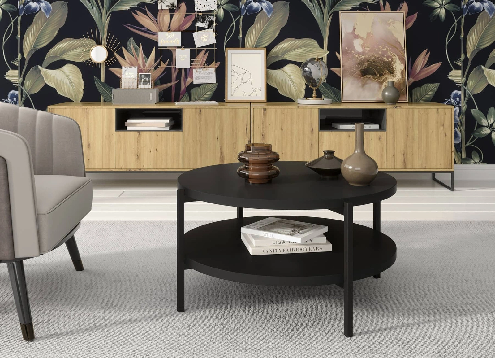 Round Sampi coffee table, 84 cm, black, with additional shelf, lightweight design, sturdy metal base, perfect for any composition