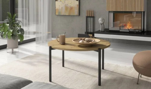 Round coffee table, 84 cm, “Sampi” in artistic oak color, timeless and lightweight design, sturdy metal base, perfect for any composition