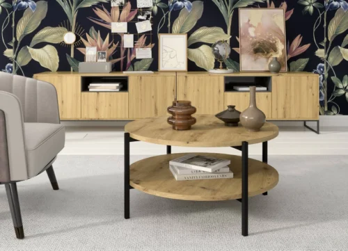 Round coffee table, 84 cm, “Sampi” in artistic oak color, with additional shelf, lightweight design, metal base, perfect for any composition