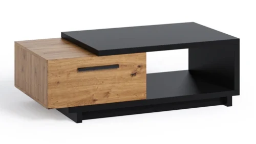 Coffee table with drawer, 120 cm, Simi GB, artistic oak / black shade, modern design, asymmetrical shape, spill-resistant tabletop