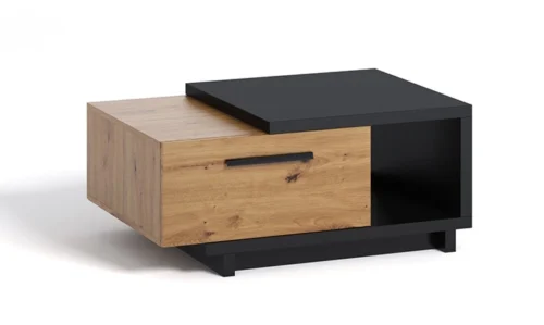 Coffee table with drawer, 90 cm, Simi GB, artistic oak / black shade, modern design, asymmetrical shape, spill-resistant tabletop