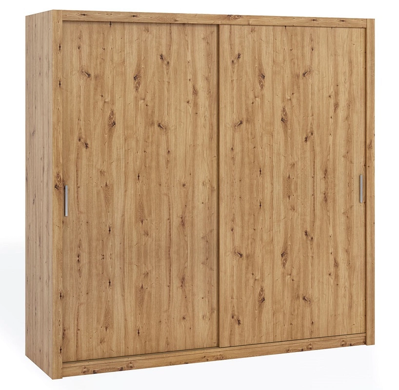Rico sliding wardrobe, 220 cm, artistic oak color, spacious wardrobe for bedroom, dressing room or hallway, classic shape with geometric shapes