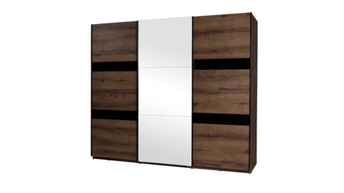 Denver sliding wardrobe with mirror, 250 cm, Monastery oak / black gloss, spacious wardrobe with internal drawers, perfect for the bedroom